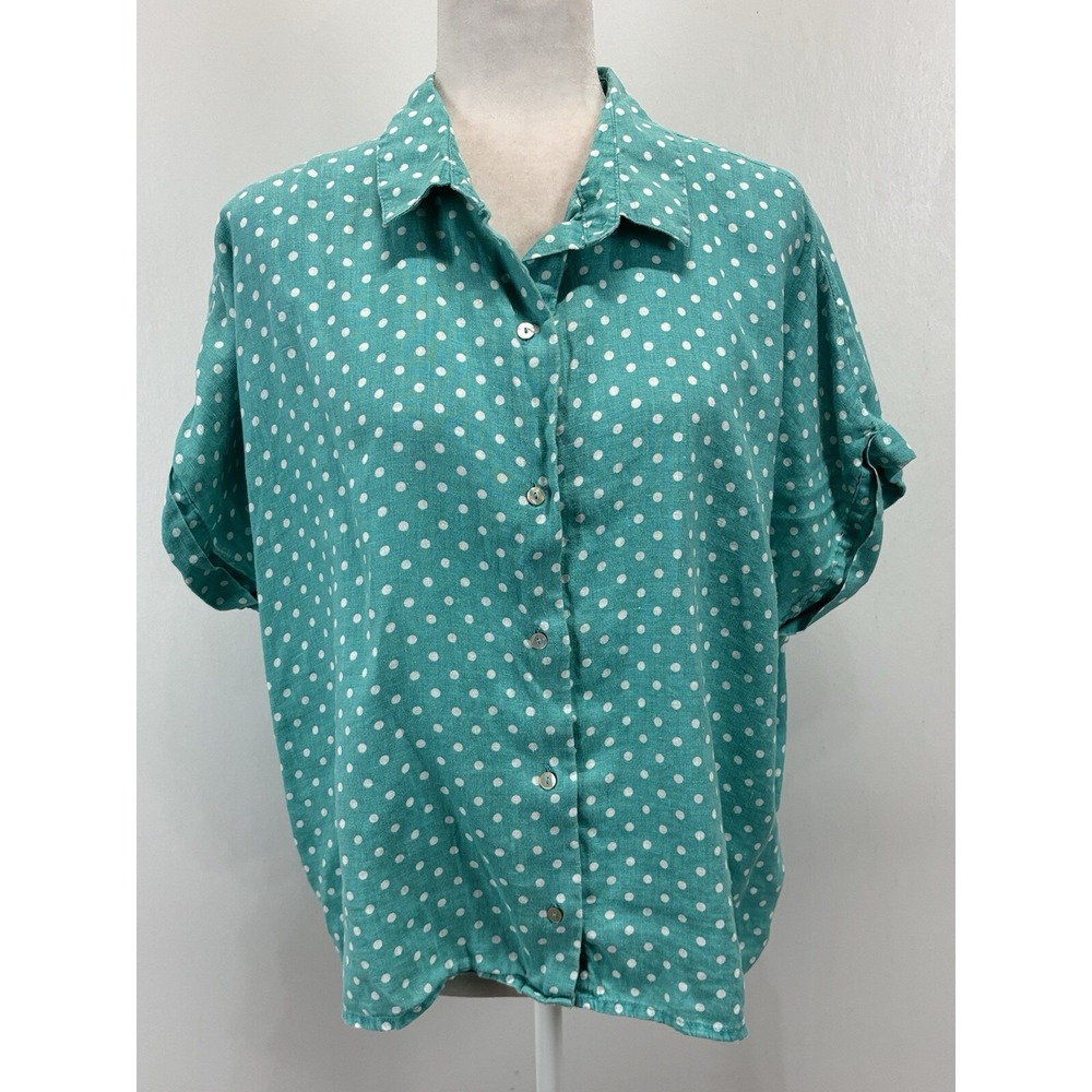 RACHEL Rachel Roy 100% Linen Top Shirt Sz X-Large Polka Dot Boxy Roll Sleeve